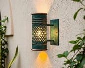Handmade Hammered Copper Wall Sconce: Green Patina Rustic Light